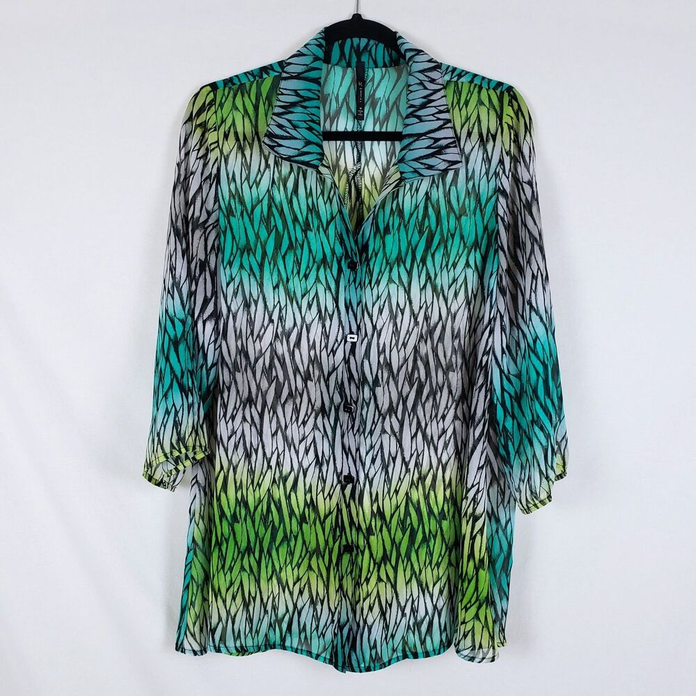 IC by Connie K Button Up Shirt Womens M Green Abstract Geometric Artsy Sheer